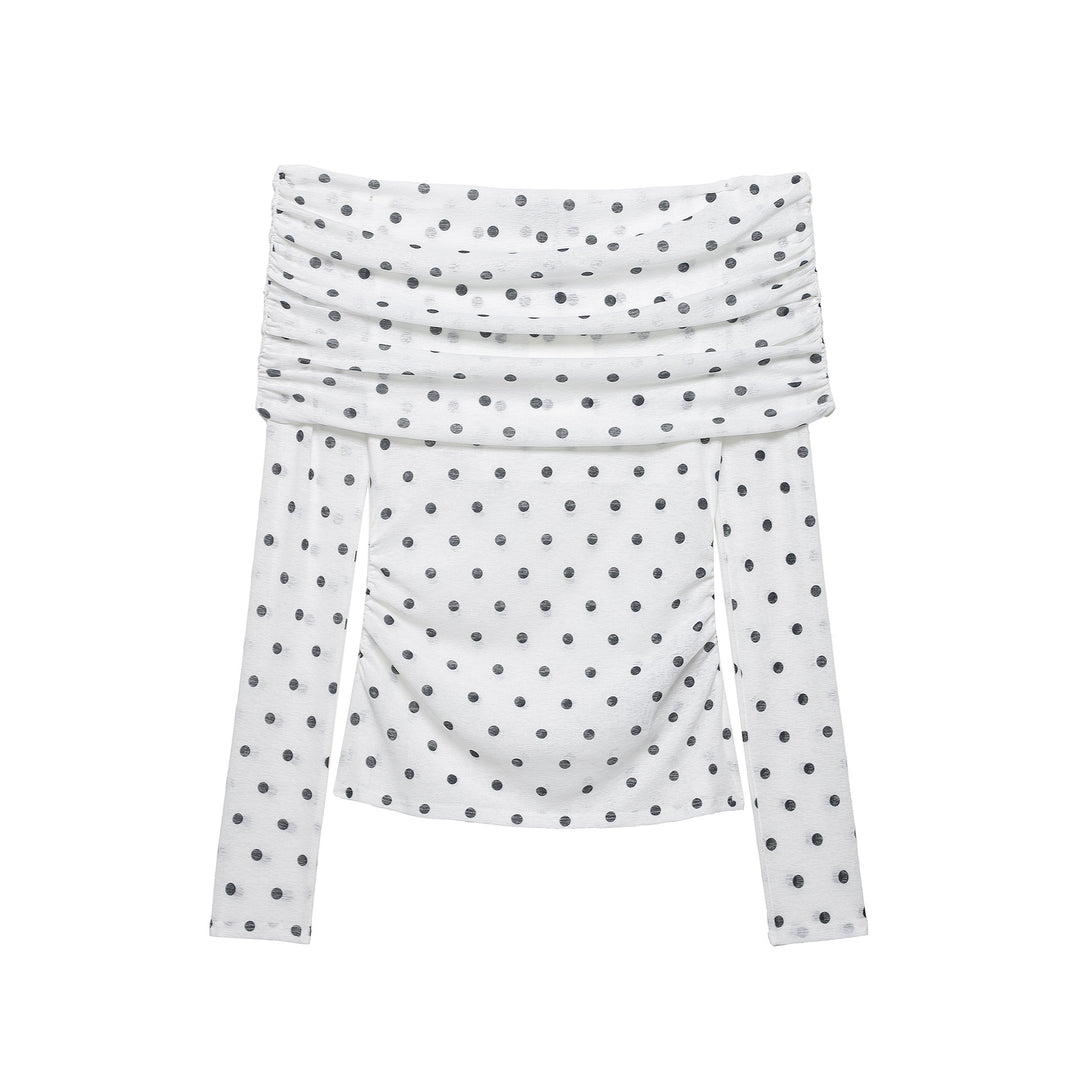 Women's Off-Shoulder Long Sleeve Top with Draped Overlap Collar and Polka Dot Pattern Amarae