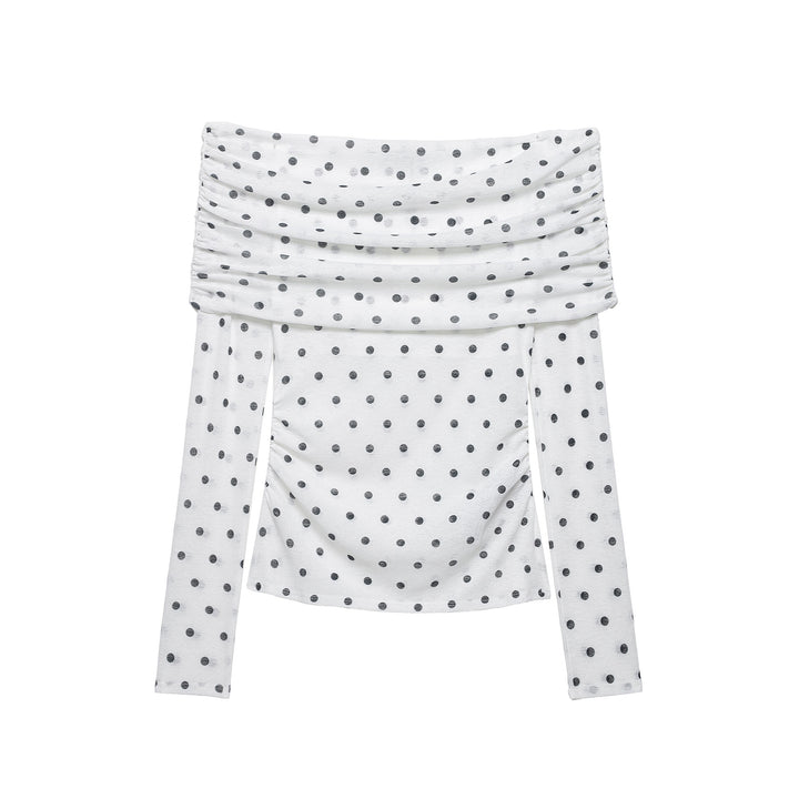 Women's Off-Shoulder Long Sleeve Top with Draped Overlap Collar and Polka Dot Pattern Amarae