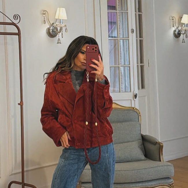 Women cropped suede leather jacket with high collar and double-breasted button placket Amarae