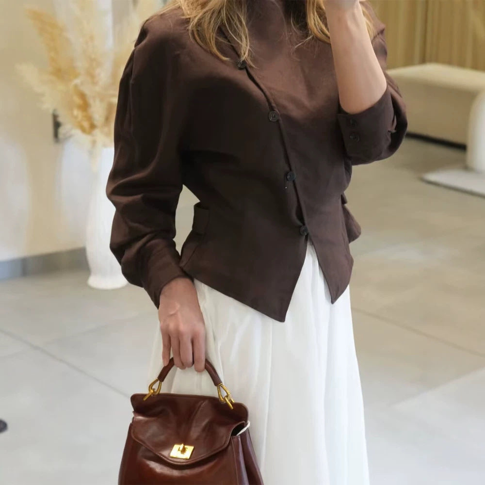 Women’s asymmetrical tailored blouse jacket made of linen with diagonal button closure Amarae