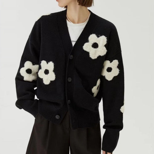 Women's knit jacket with floral appliqués and discreet V-neck Amarae