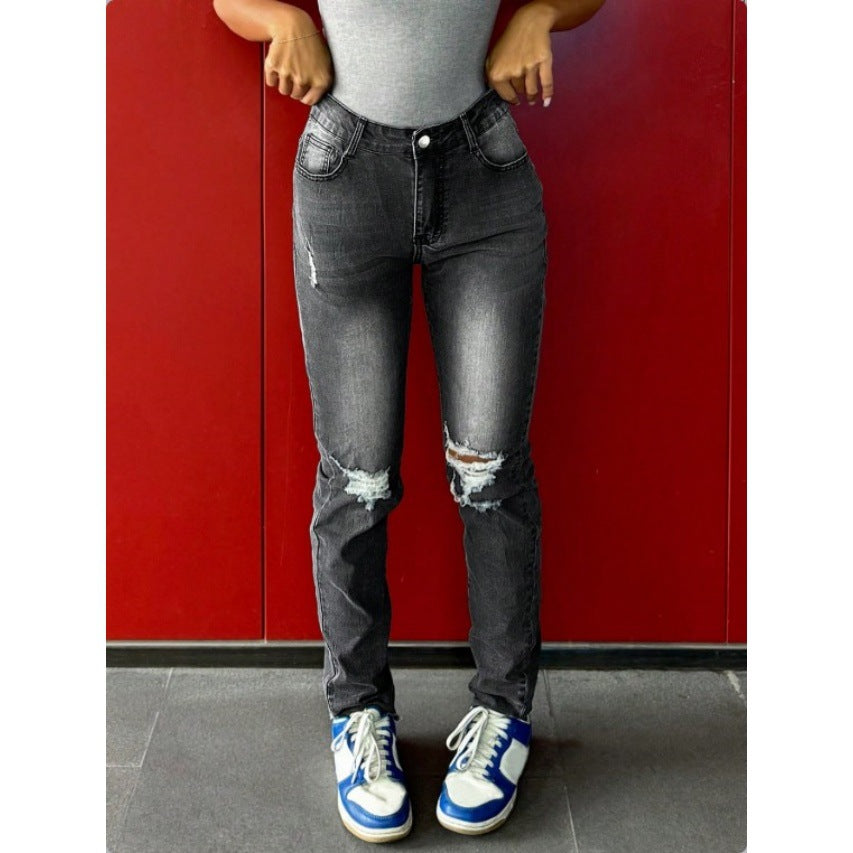 Women's waist-fitting stretch skinny jeans with distressed knees and five-pocket design Amarae