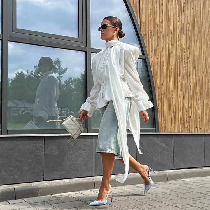 Women's Elegant Blouse with Bow Tie Collar, Emphasized Shoulders, and Long Ties Amarae