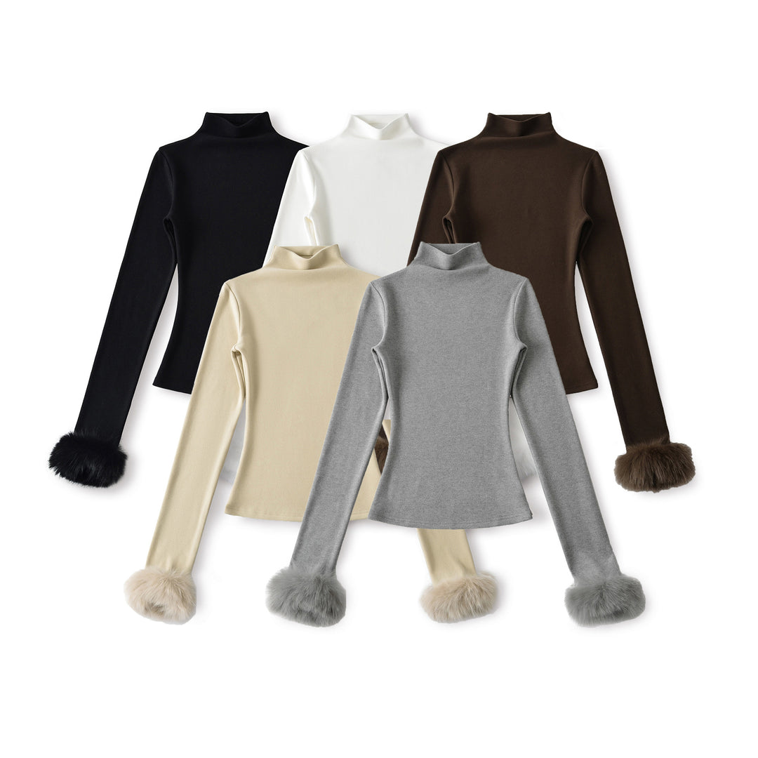 Women's Fitted Turtleneck Top with Faux Fur Cuffs Amarae