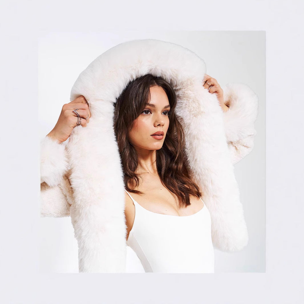 Women's short bolero made of bouclé faux fur with voluminous hood and fur cuffs Amarae