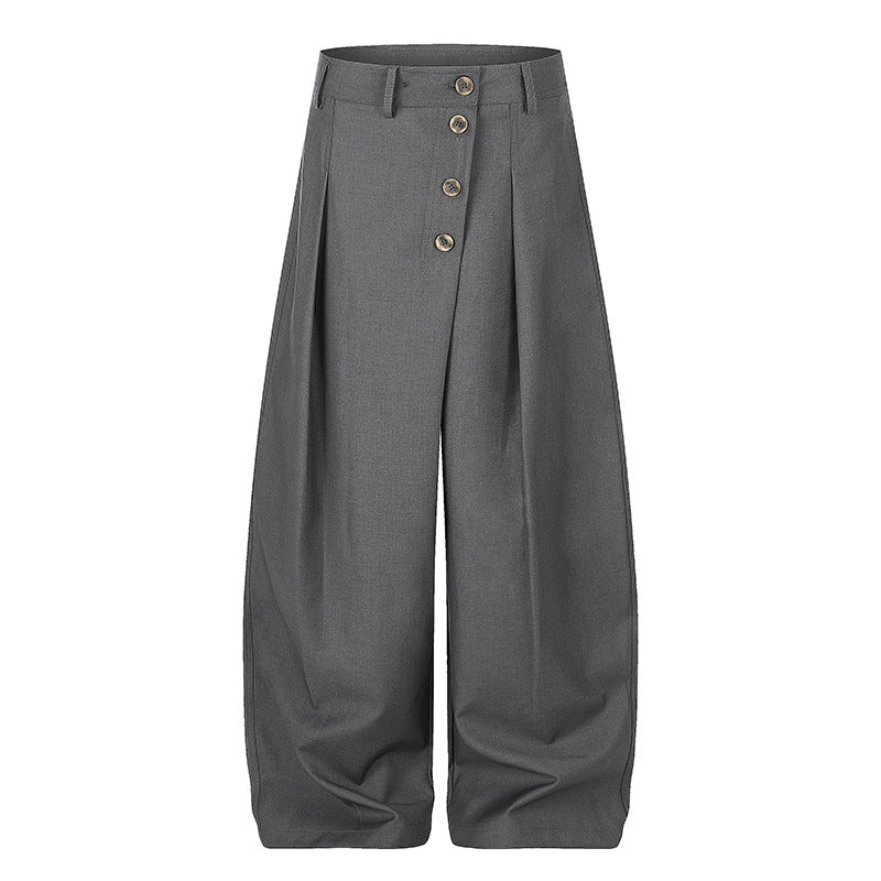 Women's Wide Palazzo Pants with High Waist, Pleats and Asymmetrical Button Placket Amarae