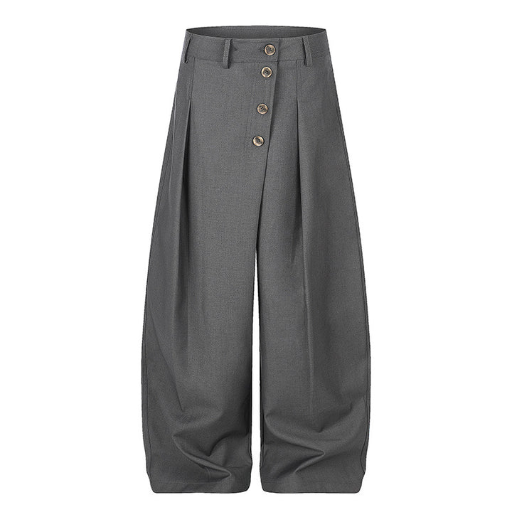 Women's Wide Palazzo Pants with High Waist, Pleats and Asymmetrical Button Placket Amarae