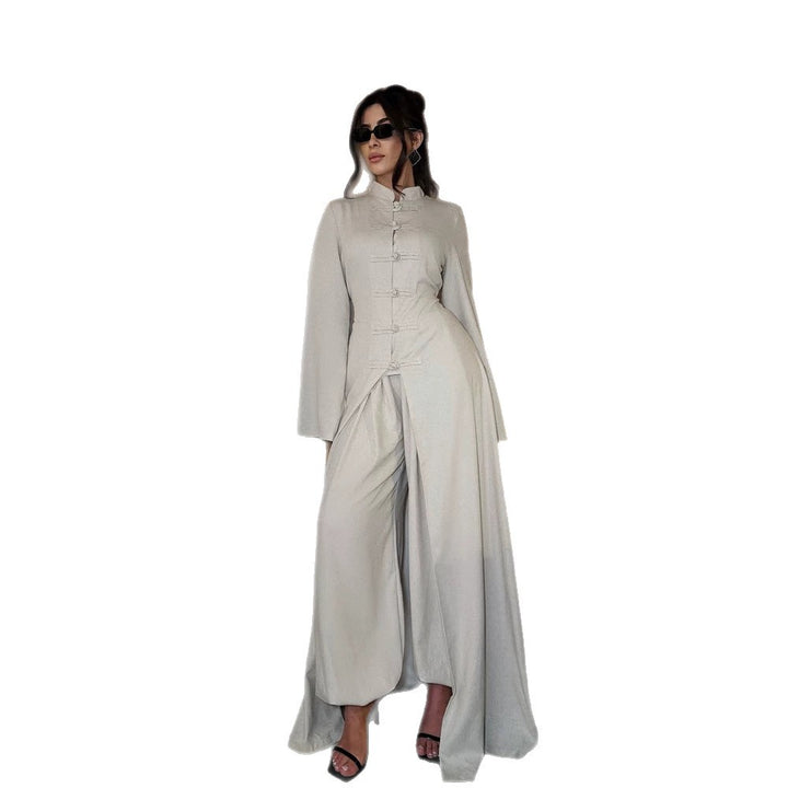 Ladies maxi dress with stand collar, mandarin button placket and draped skirt Amarae