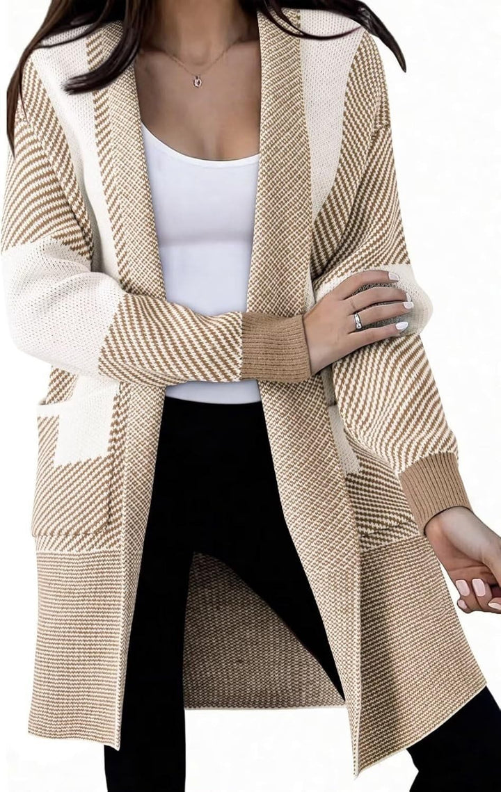 Ladies long knit cardigan with textured pattern and patch pockets Lune London
