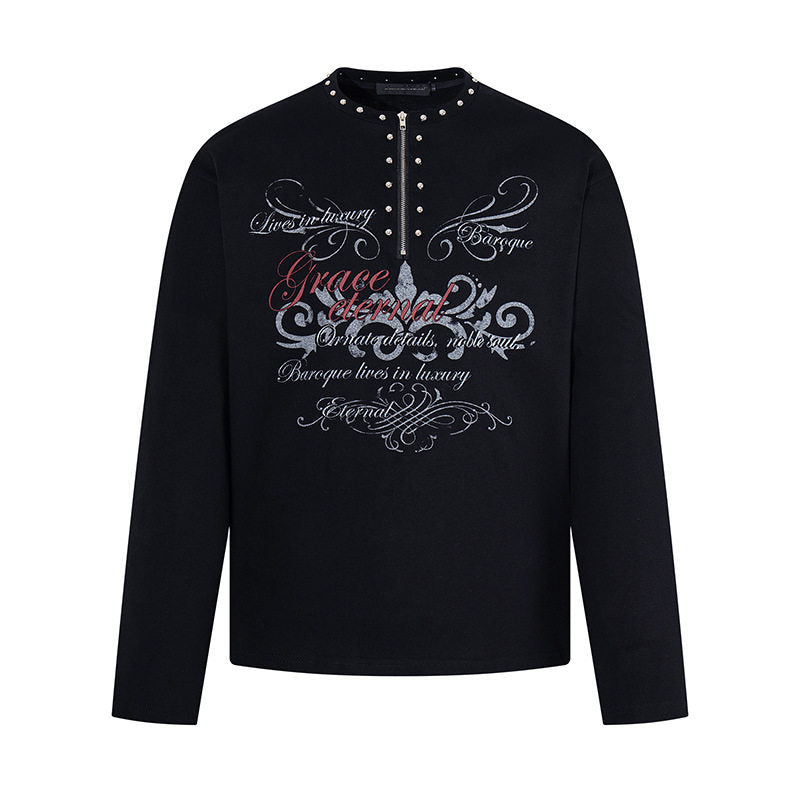 Women's long sleeve shirt with half zipper, studded collar and baroque text print Amarae