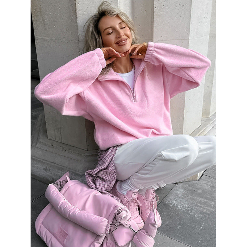 Women’s Oversized Fleece Pullover with Half Zipper and Stand-Up Collar Amarae