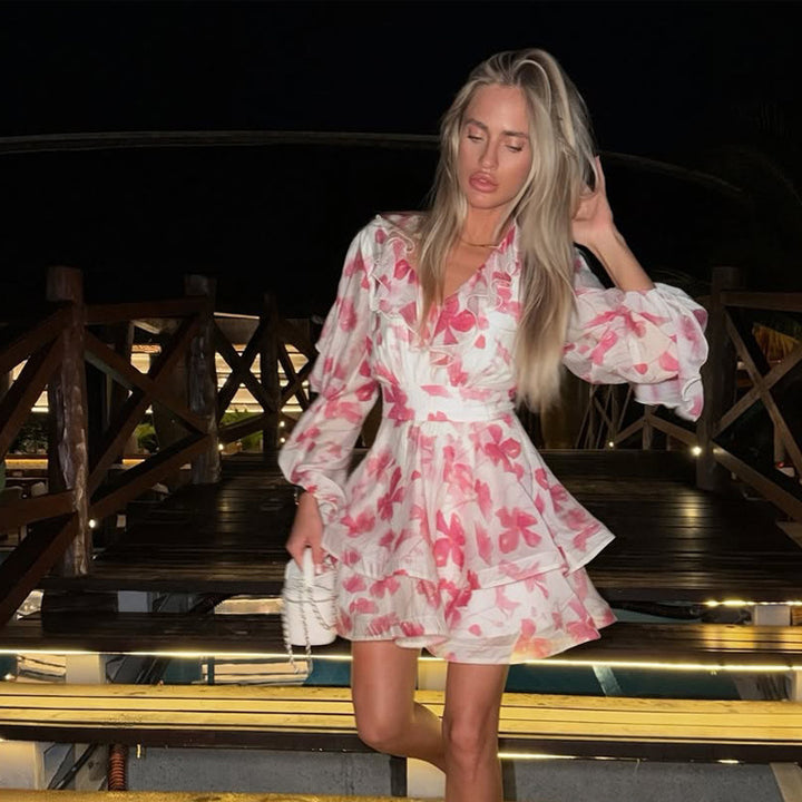Women's Romantic Ruffle Mini Dress with Floral Chiffon Look and Fitted Silhouette Amarae