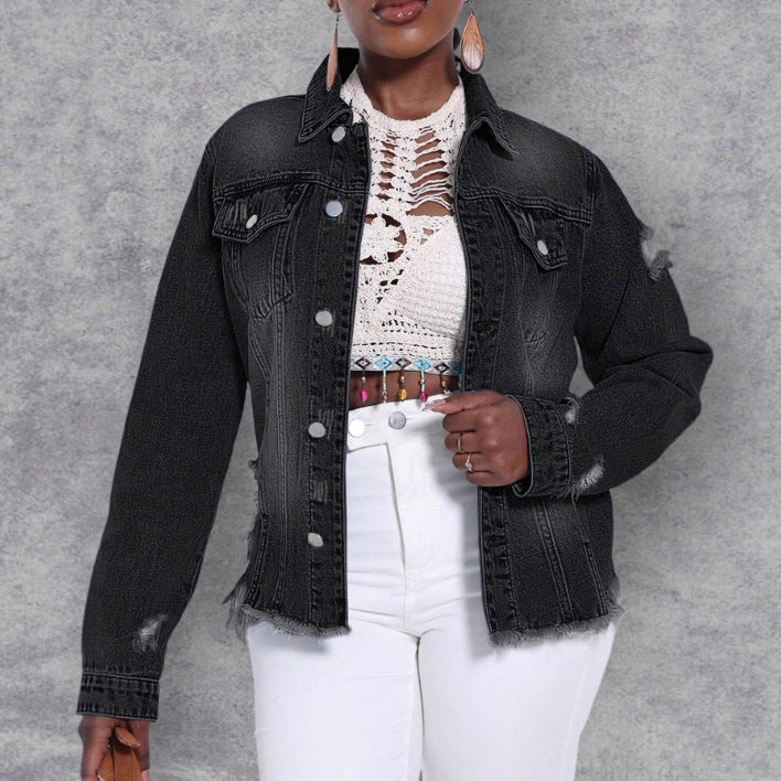 Women's Distressed Denim Jacket with Frayed Hem and Relaxed Fit Amarae