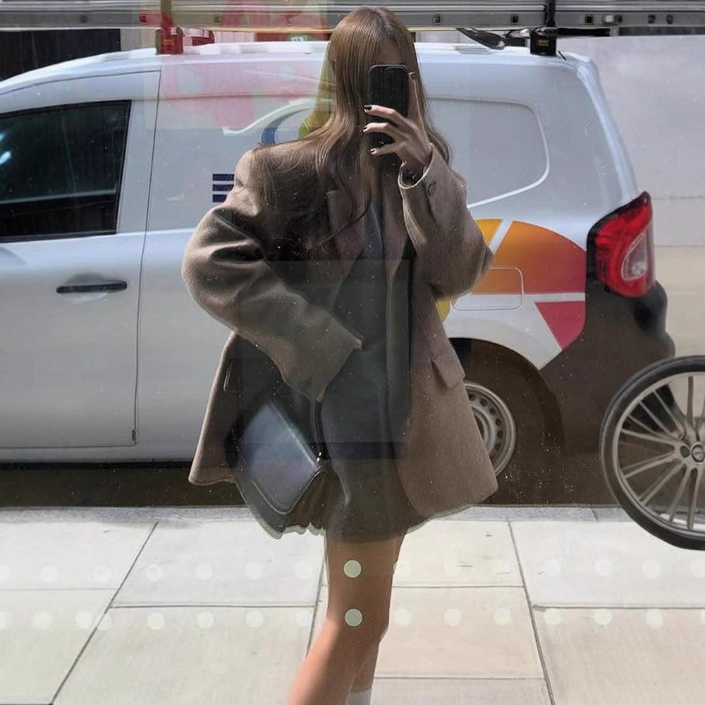 Women's Oversize Wool Blend Coat Blazer with Boxy Silhouette and Flap Pockets Amarae