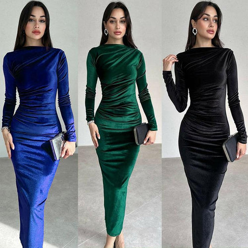 Women Elegant Long Dress with Long Sleeves and Ruched Design Amarae