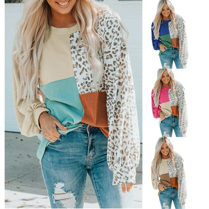 Ladies Oversize Patchwork Sweater with Animal Print and Textured Knit Amarae