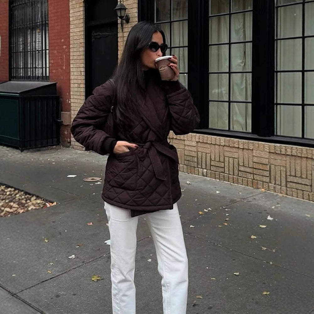 Women's wrap quilted jacket with tie belt at the waist and shawl collar Amarae