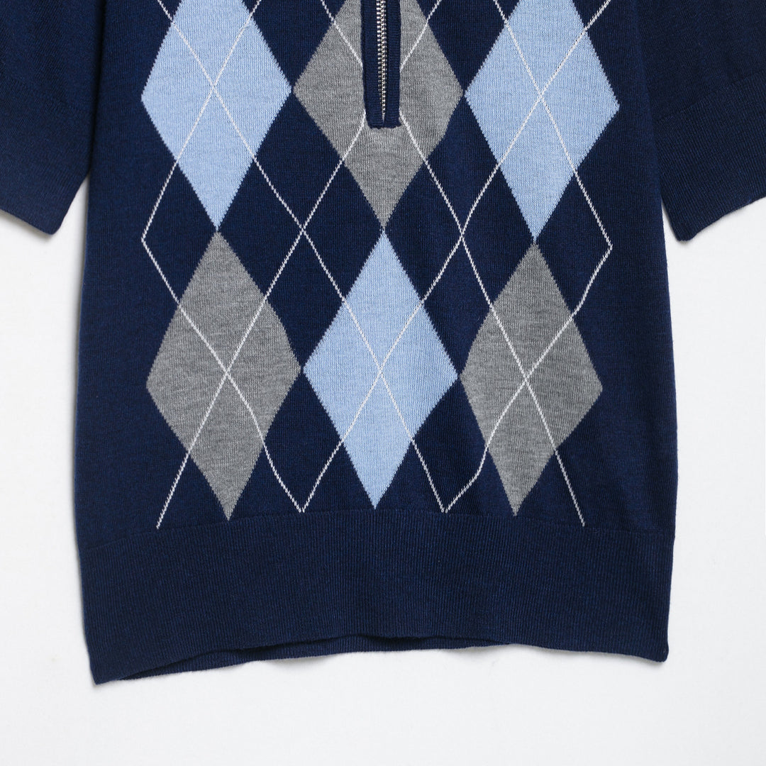 Women Short Sleeve Polo Collar Knitted Sweater with Diamond Jacquard and Half Zipper Amarae