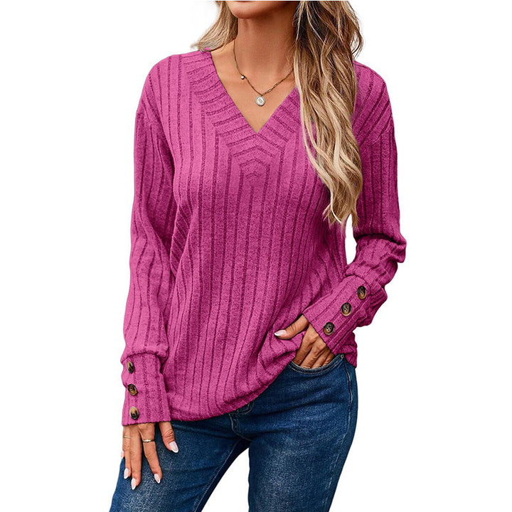 Women's Ribbed V-Neck Knit Sweater with Button Cuffs Amarae