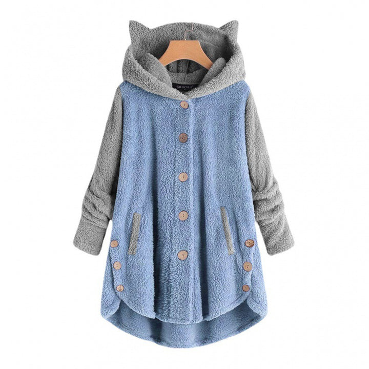 Women's Cozy Hooded Teddy Jacket with Cat Ears, Wooden Button Details and High-Low Hem Amarae