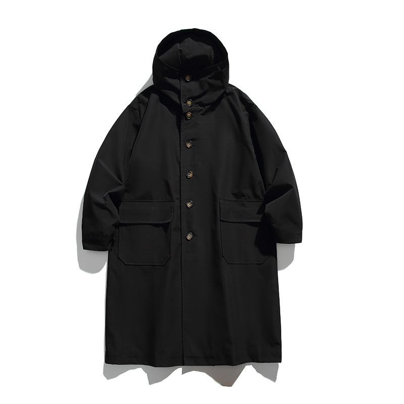 Unisex Longer Hooded Coat in Boxy Cut with Concealed Button Placket and Large Flap Pockets Amarae