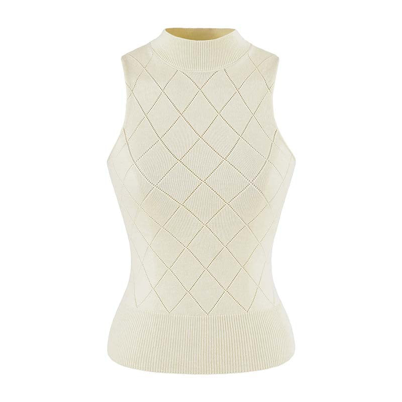 Women's Sleeveless Fine Knit Vest with Stand-Up Collar and Tailored Diamond Pattern Amarae