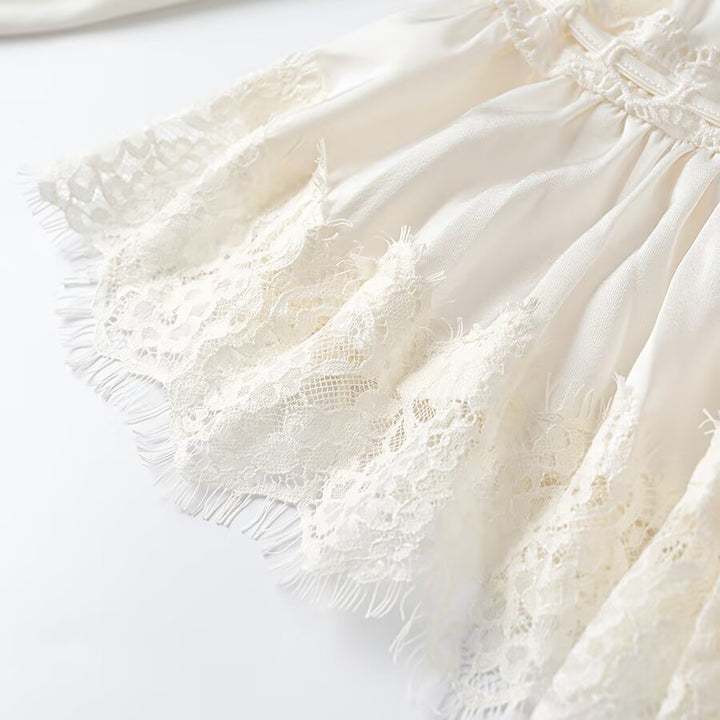Ladies Romantic Lace Blouse with Drawstring Waist, Ruffled Hem and Balloon Sleeves Amarae