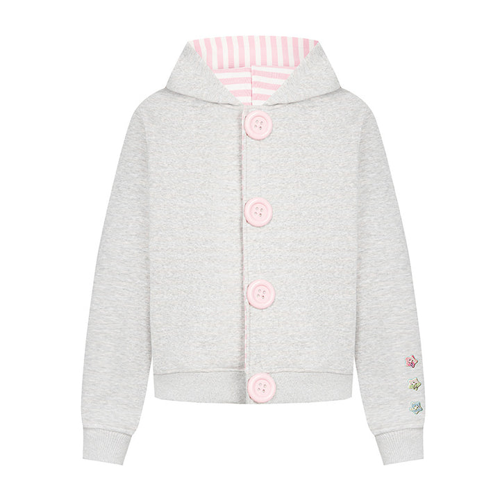 Women's hooded sweat jacket with oversized buttons, striped inner lining, and ribbed cuffs.