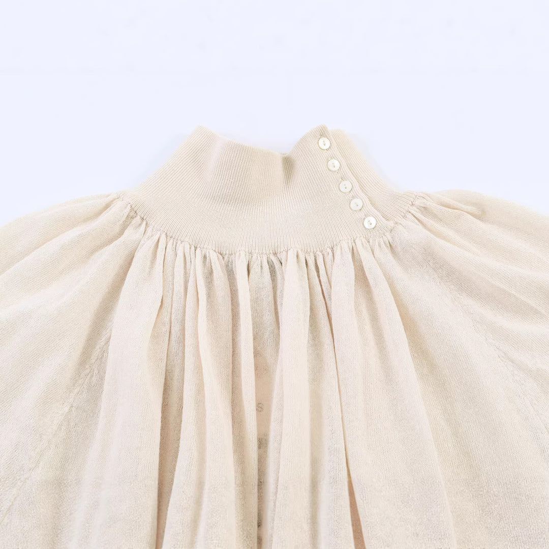 Women's Elegant Pleated Blouse with Stand Collar, Button Detail and Balloon Sleeves Amarae