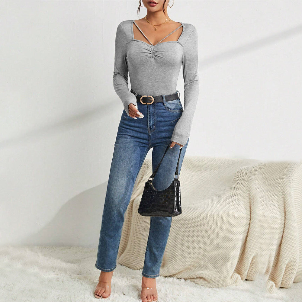 Body à manches longues pour femme avec décolleté en V tendance et détails raffinés aux épaules Chic & Stil