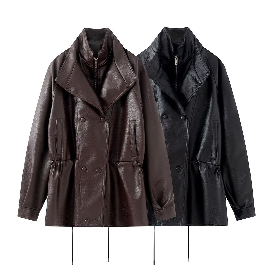Women Oversized Double-Breasted Faux Leather Coat with Drawstring and Stand-Up Collar Amarae