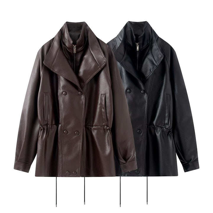 Women Oversized Double-Breasted Faux Leather Coat with Drawstring and Stand-Up Collar Amarae