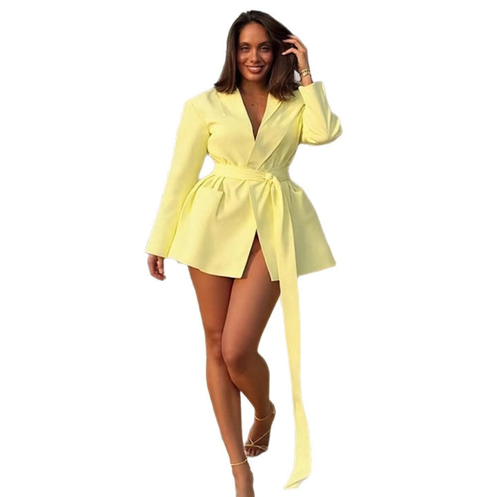 Women's Tailored Blazer Dress with Draped Tie Belt and Structured Shoulders Amarae