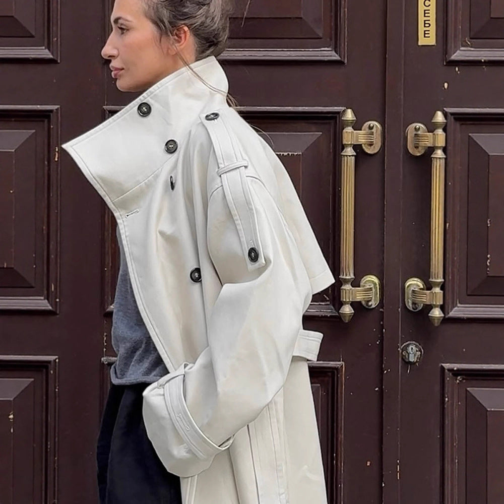 Women's waistless long trench coat in oversized cut with double button placket and shoulder epaulettes Amarae