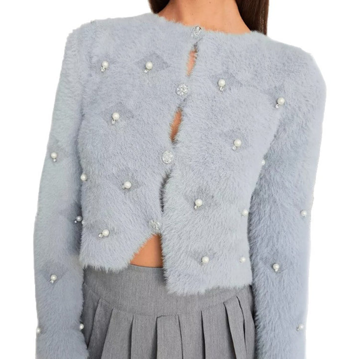 Ladies Plush Knit Sweater Jacket with Decorative Buttons and a Chic Elegant Cut