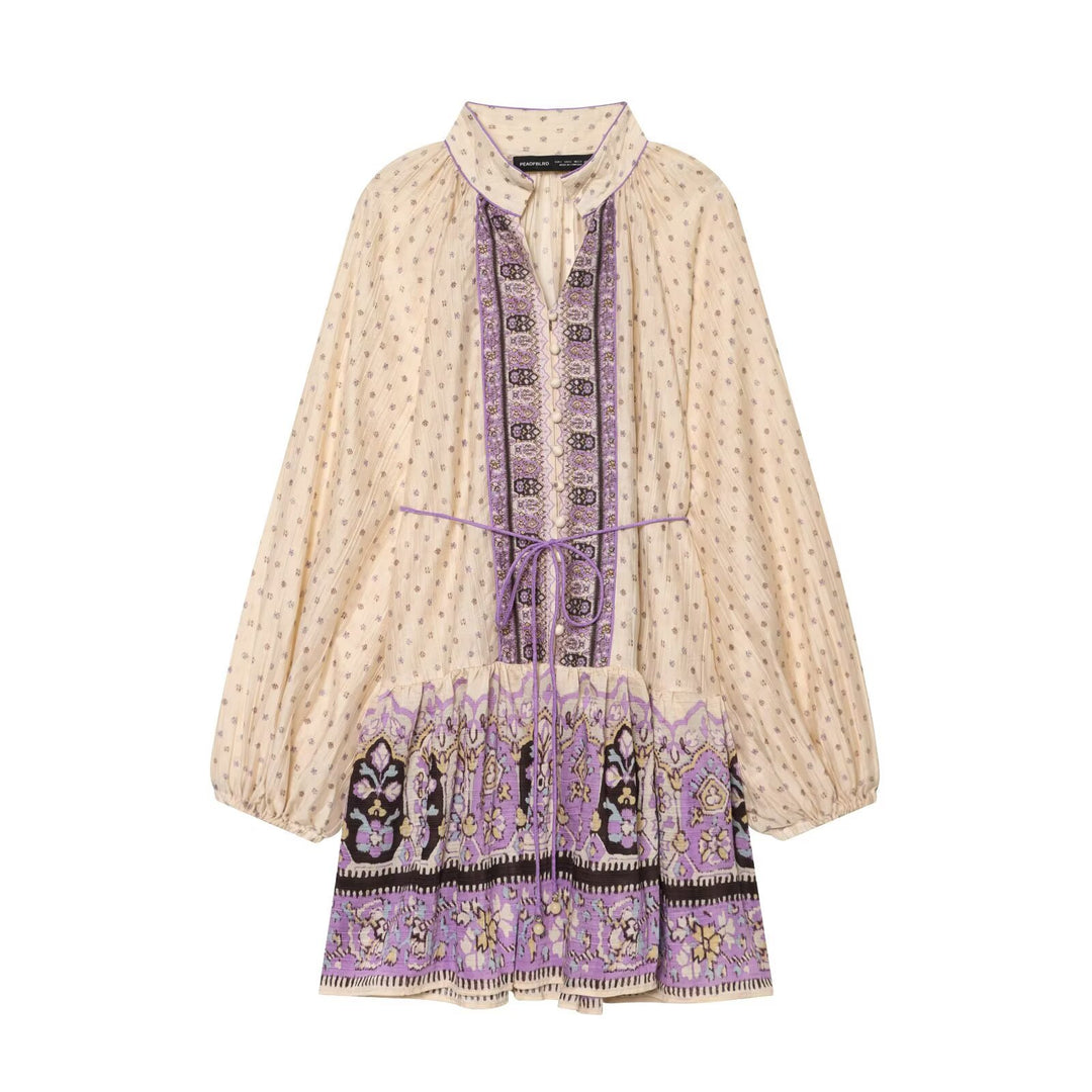 Women’s Boho midi dress with embroidered button placket, balloon sleeves and waist belt Amarae
