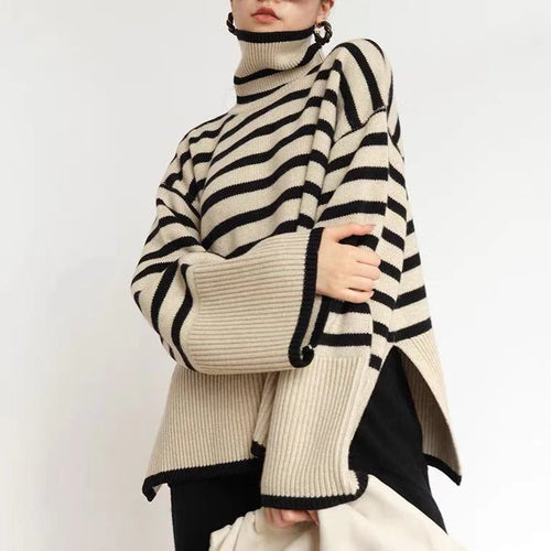 Pull turtleneck en tricot épais pour femmes avec motif rayé maritime et coupe décontractée Chic & Stil