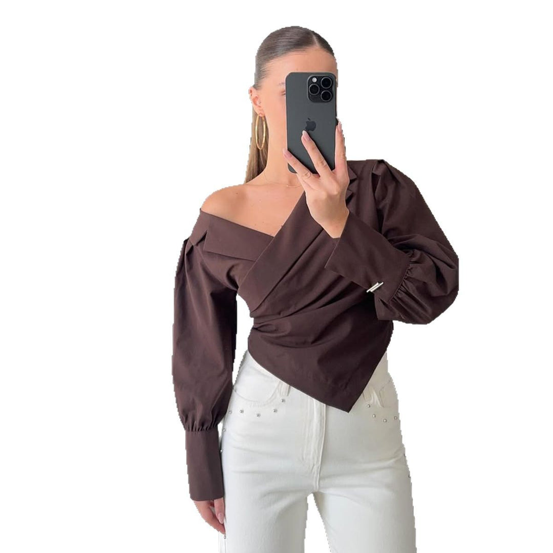 Lune London Elegant wrap blouse for women with asymmetric cut and puff sleeves