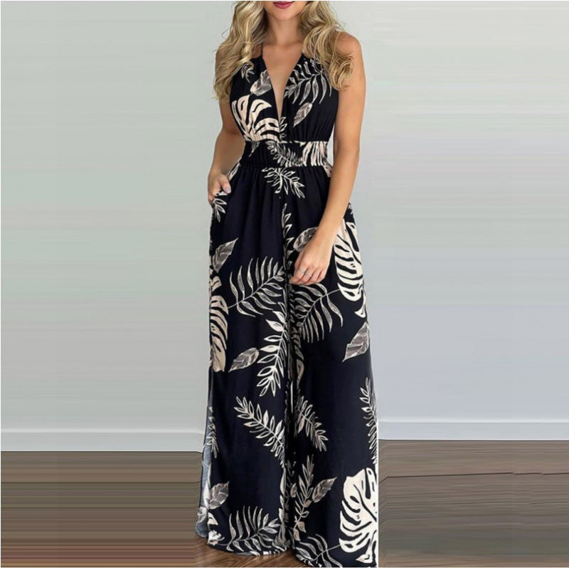 Women Bohemian Halter Neck Maxi Jumpsuit with Side Slits Lune London