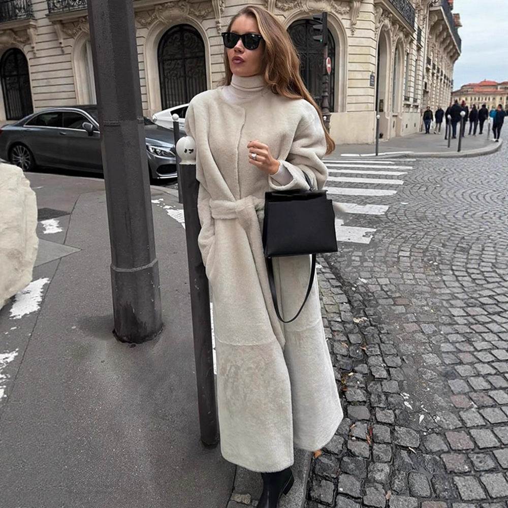 Women's Oversize Longer Faux Fur Coat with Waist Belt and Stand-up Collar Amarae