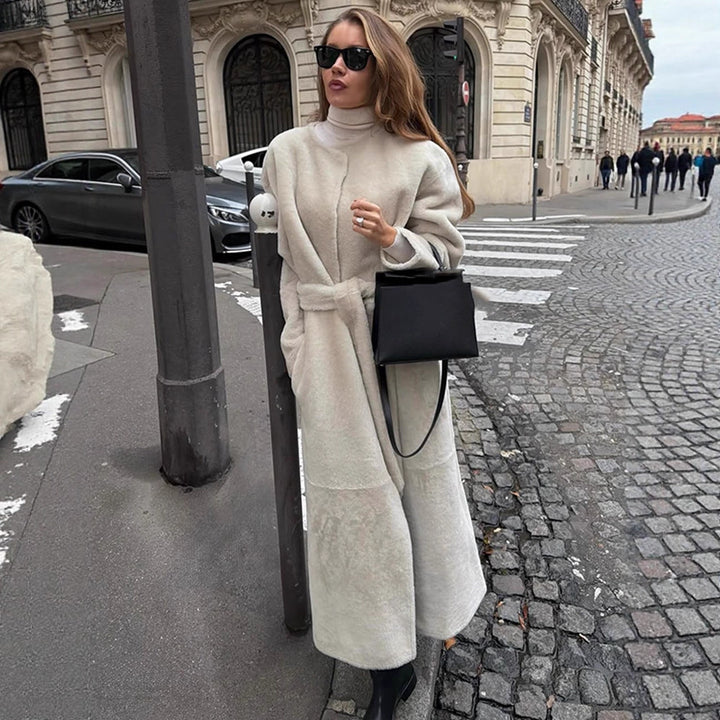 Women's Oversize Longer Faux Fur Coat with Waist Belt and Stand-up Collar Amarae