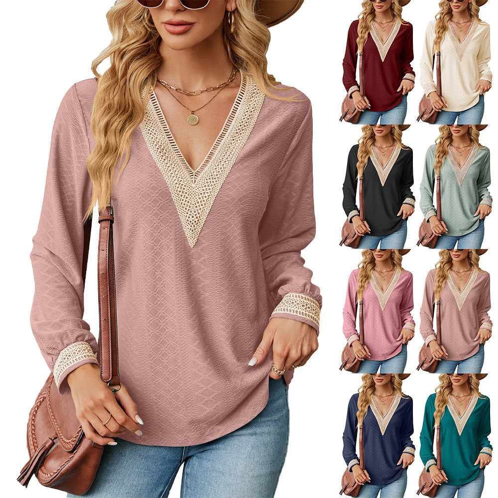Long sleeve blouse shirt for women with decorative V-neck and crochet elements Lune London