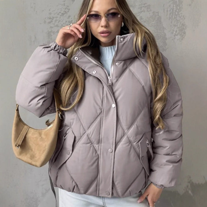 Women's Quilted Diamond-Quilted Puffer Jacket with Hood and Concealed Zipper Amarae