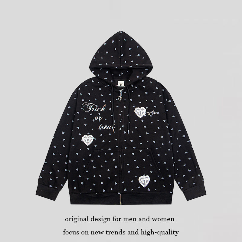 Women's hoodie sweat jacket with full-length zipper, all-over heart print and statement embroidery Amarae