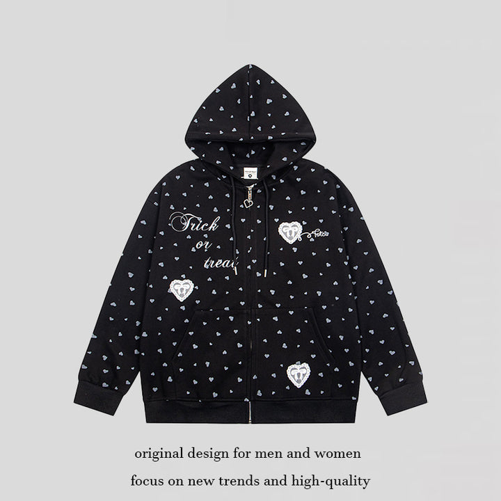Women's hoodie sweat jacket with full-length zipper, all-over heart print and statement embroidery Amarae