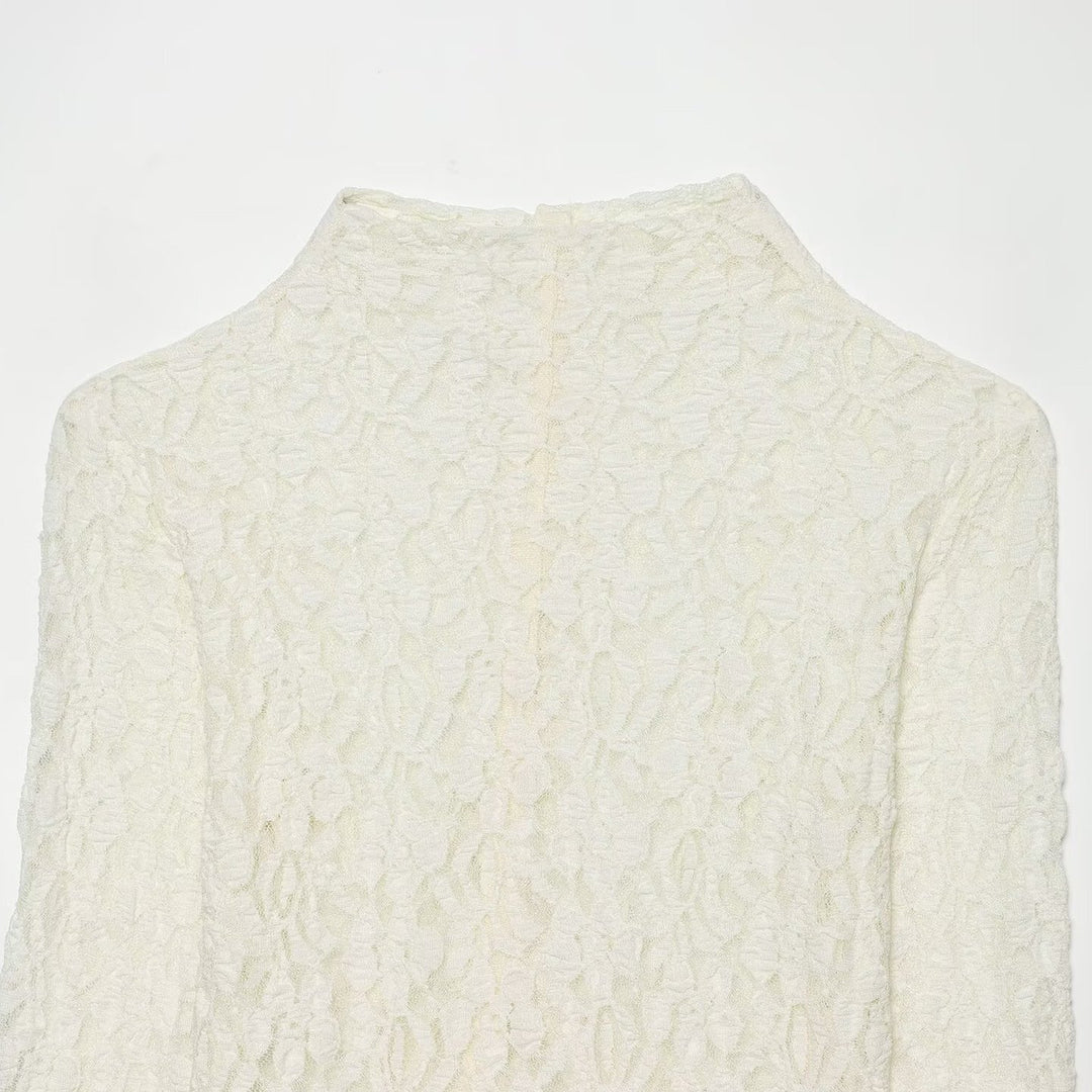 Women's Fine Lace Blouse with Floral Relief Pattern and Back Button Placket Amarae