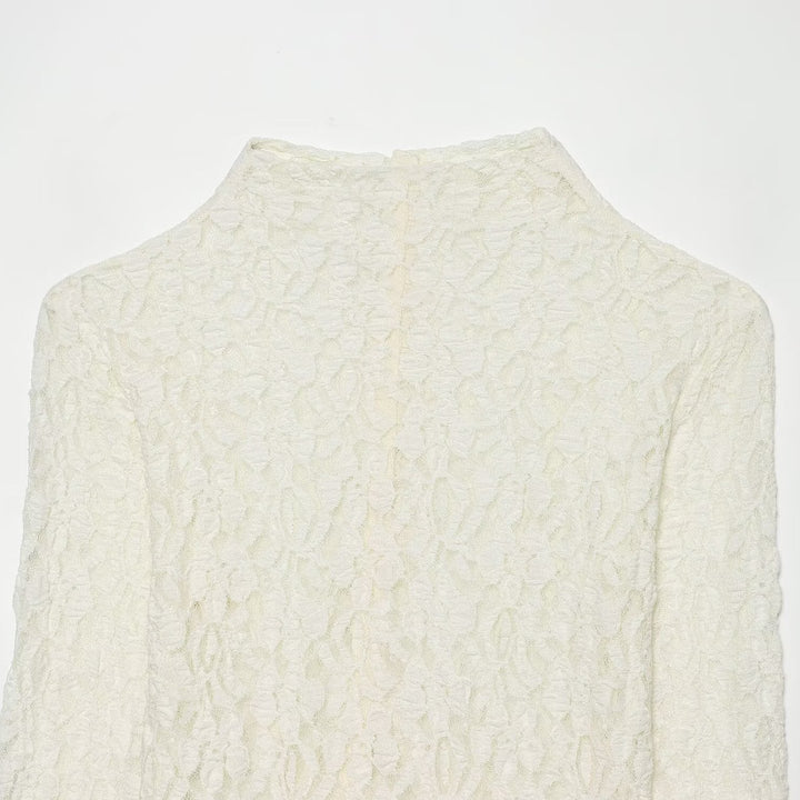 Women's Fine Lace Blouse with Floral Relief Pattern and Back Button Placket Amarae