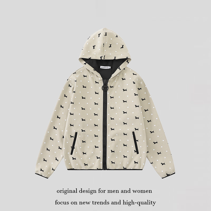 Women Lightweight Hooded Zip Jacket with Dog Silhouette and Polka Dot Allover Amarae