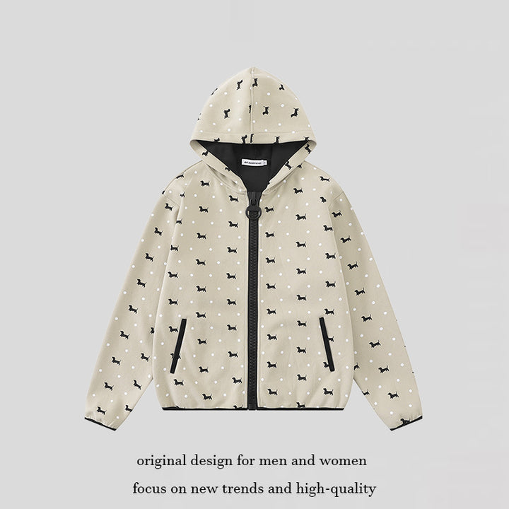 Women Lightweight Hooded Zip Jacket with Dog Silhouette and Polka Dot Allover Amarae