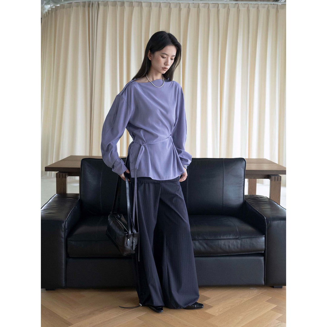 Women Asymmetric One-Shoulder Wrap Blouse made of Satin Amarae